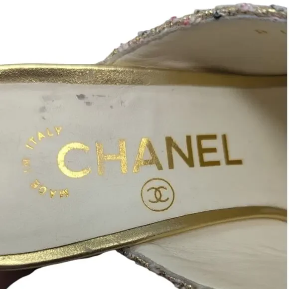 Chanel 2018 Mules Metallic Tweed Interlocking CC Logo Slide Neutral 37.5 - Picture 10 of 14